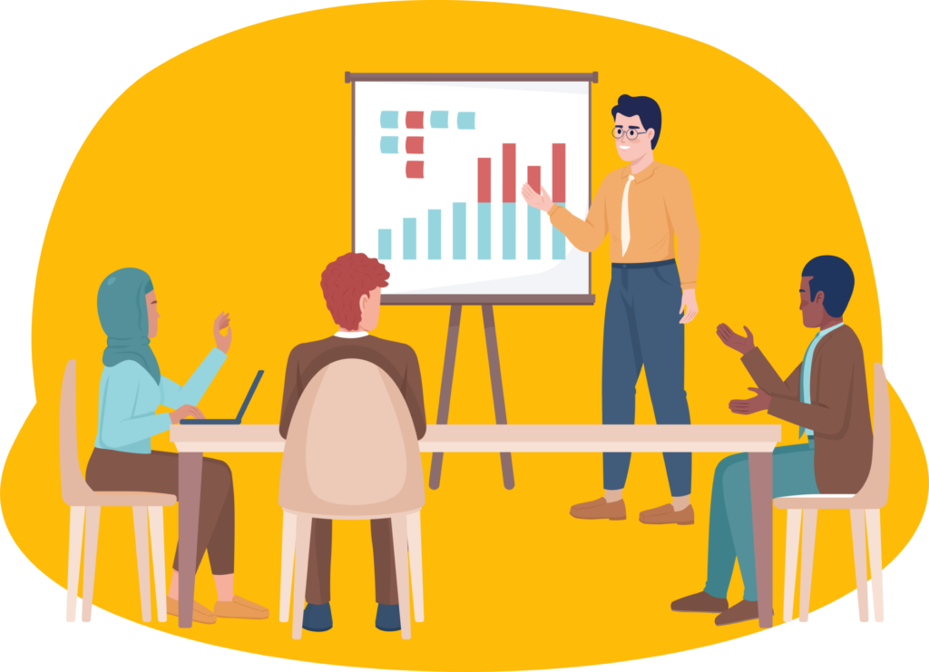 Focus Group Illustration of 4 people looking at a chart.