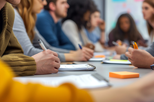 A close up photograph of people writing on notepads.